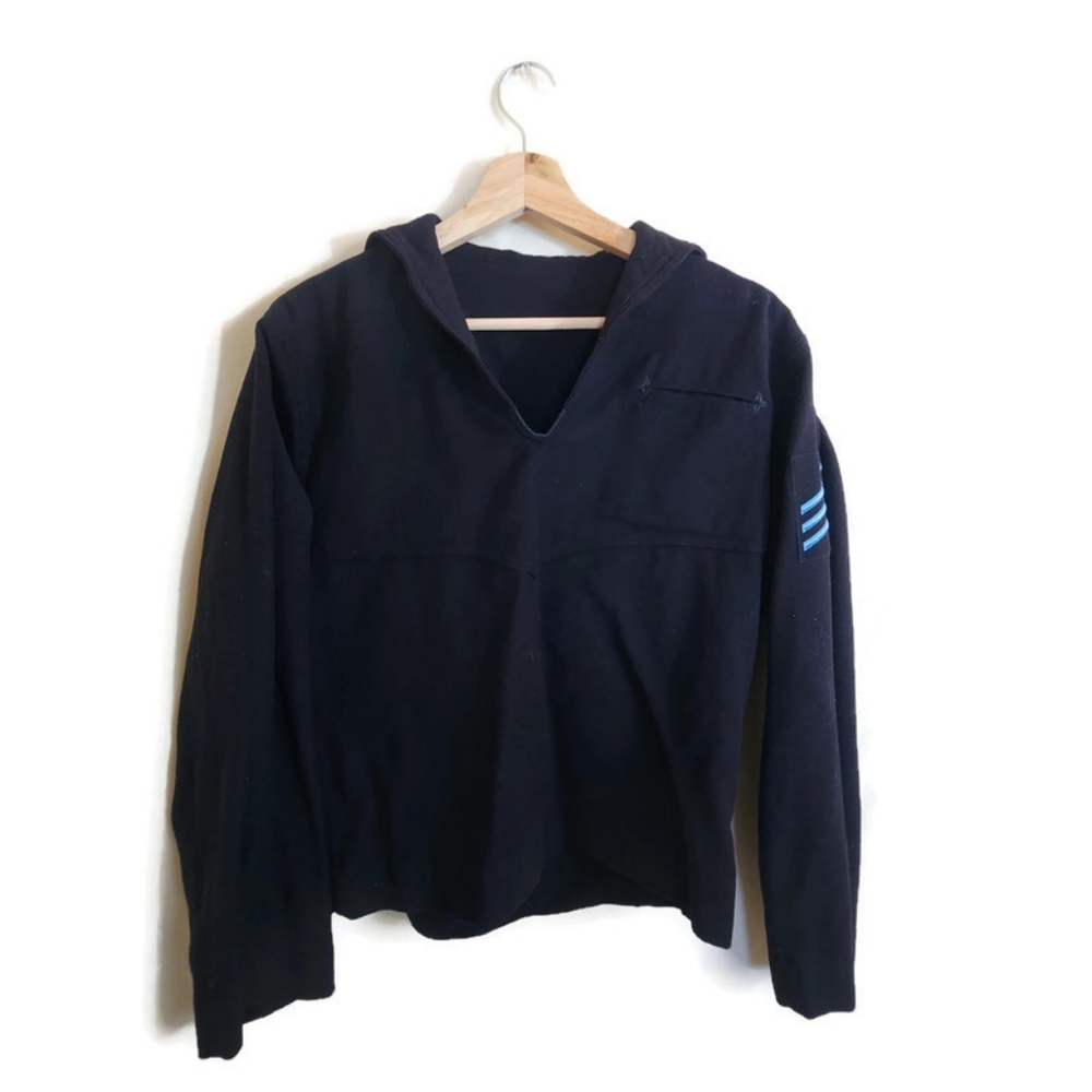 UNBRANDED Vintage Navy Blue Sailor Military Uniform Long Sleeve V-Neck Shirt S
